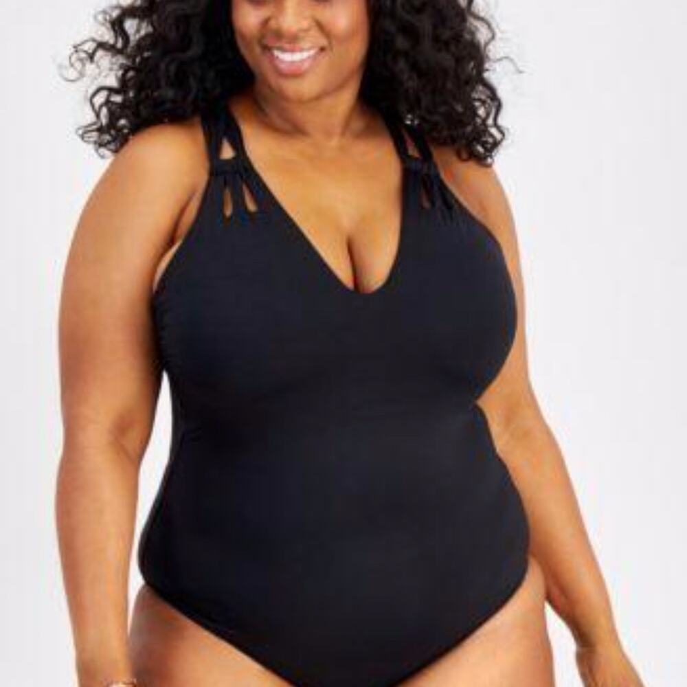 Becca Strappy V-neck Tie Back One Piece swimsuit black NEW - 2X